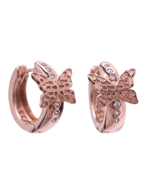 Aretes redonda Mariposa con acabado baño de oro rosa cristal 1