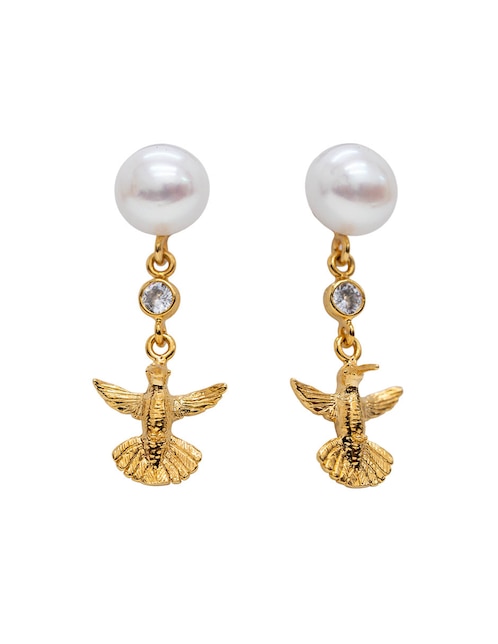 Aretes cortos de colibrí 18 k con acabado chapa de oro perla con zirconia 1