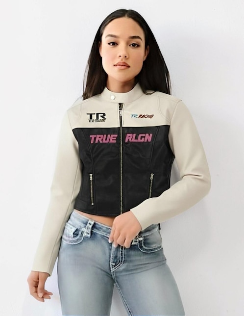 Chamarra para motociclista True Religion impermeable de piel para mujer
