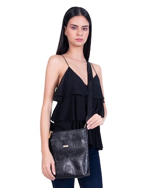 Bolsa messenger Pineda Covalin Grabado Mariposa de piel para mujer