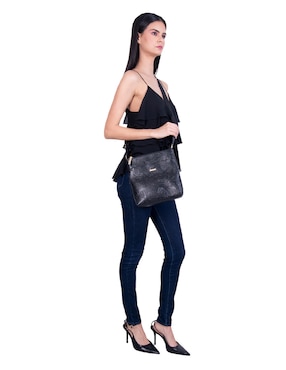 Bolsa messenger Pineda Covalin Grabado Mariposa de piel para mujer