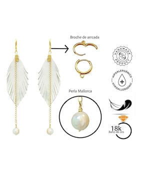 Set de aretes pluma Vangania con acabado Baño de Oro Perla