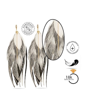 Aretes Largos de pluma Vangania de piel con acabado baño de oro 18k