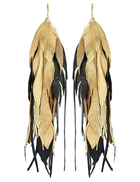 Aretes largos de pluma Vangania de piel con acabado baño de oro 18k