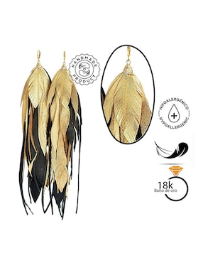 Aretes largos de pluma Vangania de piel con acabado baño de oro 18k