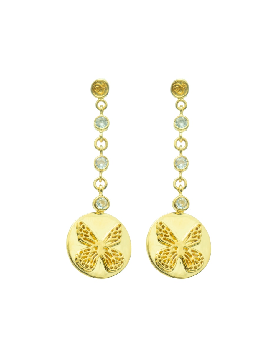 Aretes redondos Mariposa con acabado chapa de oro zirconia