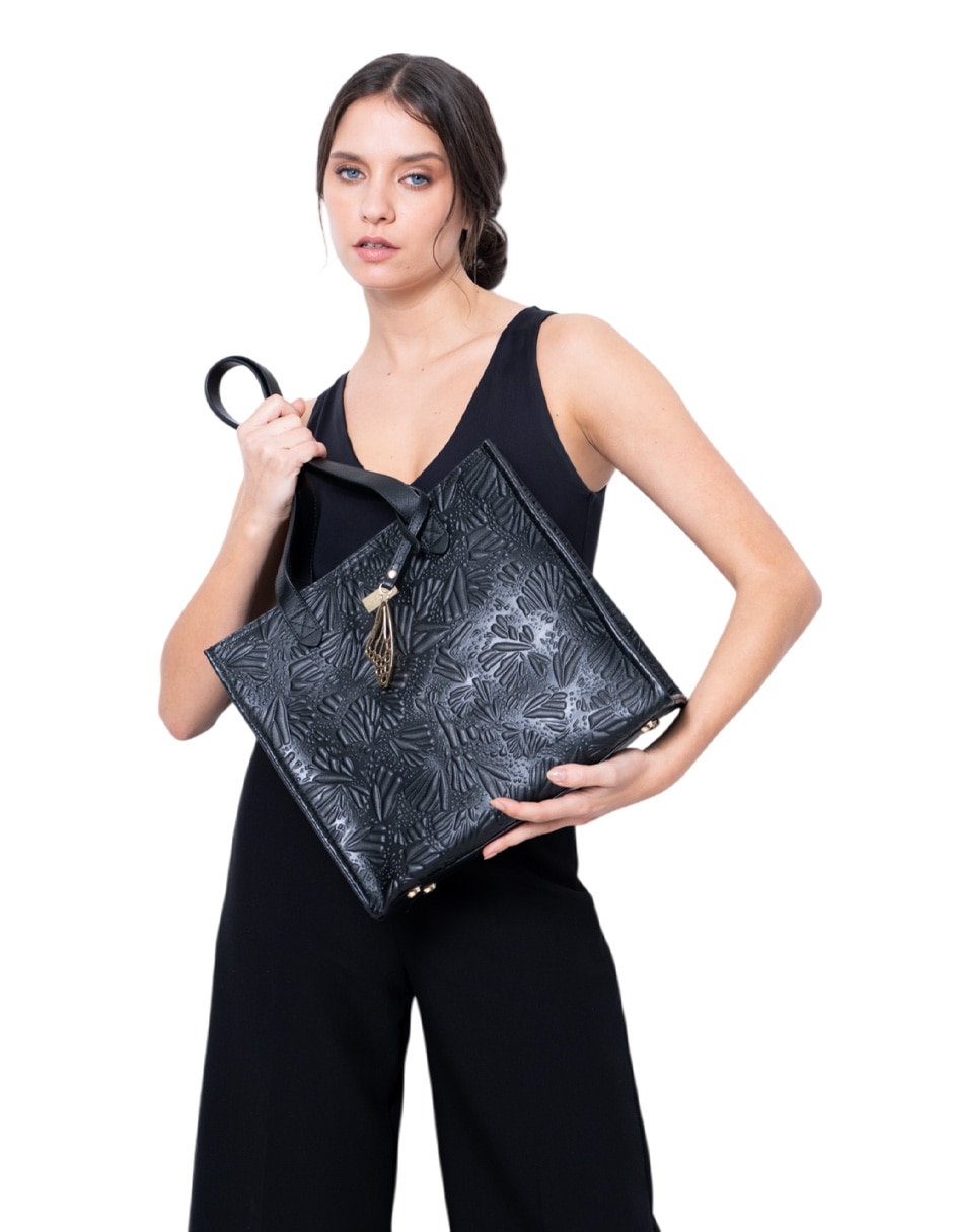 Bolsa tote Grabado Mariposa de piel para mujer 5