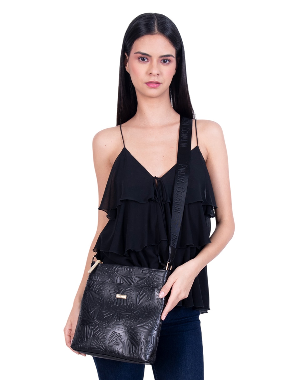 Bolsa messenger Grabado Mariposa de piel para mujer 4