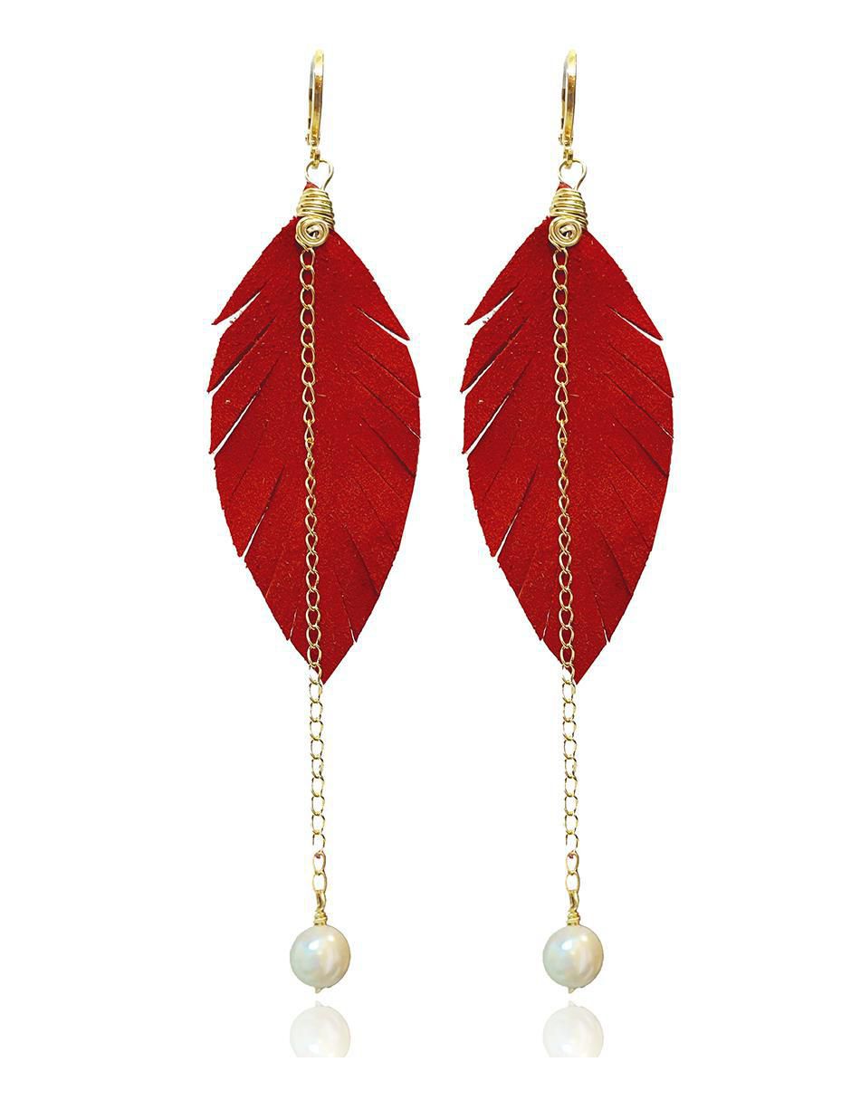 Set de aretes de pluma con acabado Baño de Oro Perla