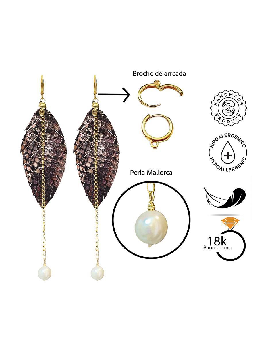 Set de aretes de pluma con acabado Baño de Oro Perla 3