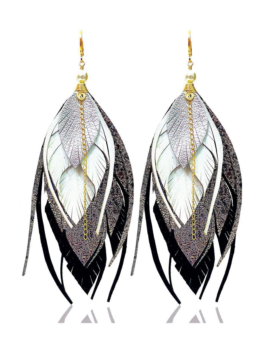 Set de aretes de pluma con acabado Baño de Oro