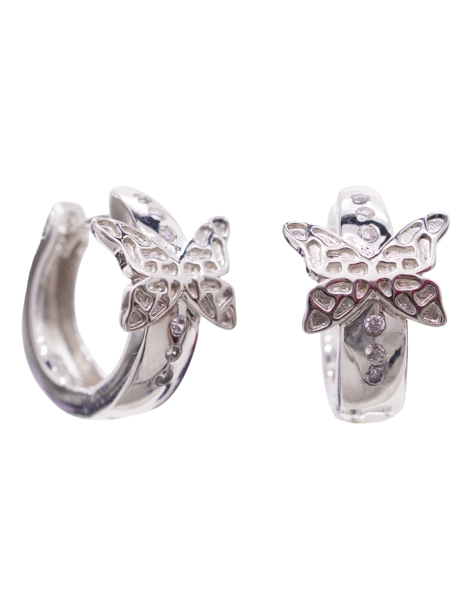 Aretes redondo Mariposa de plata con acabado brillante cristal