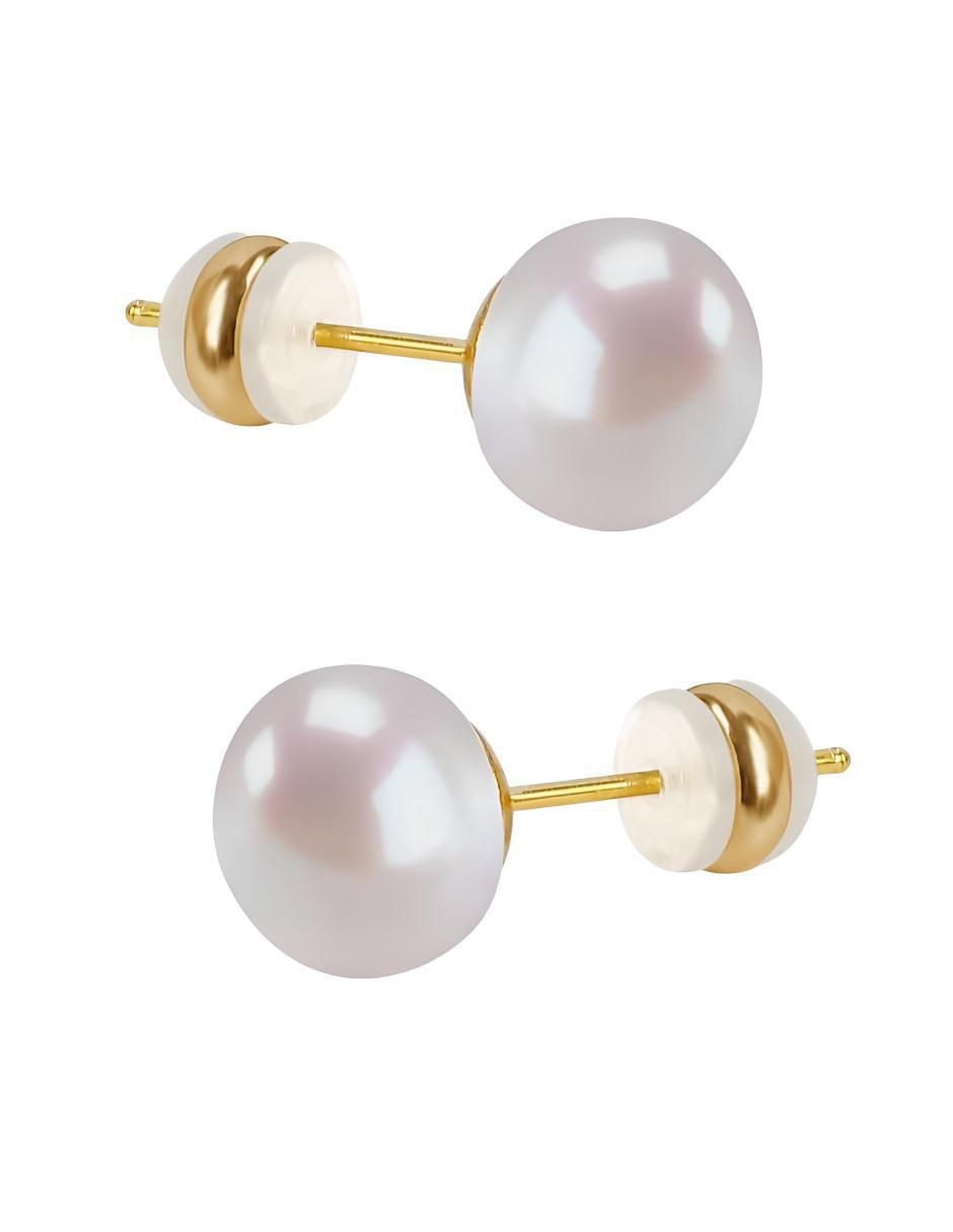 Aretes cortos de perla lisa de plata 18 k con acabado chapa de oro perla Aretes cortos de perla lisa de plata 18 k con acabado chapa de oro perla