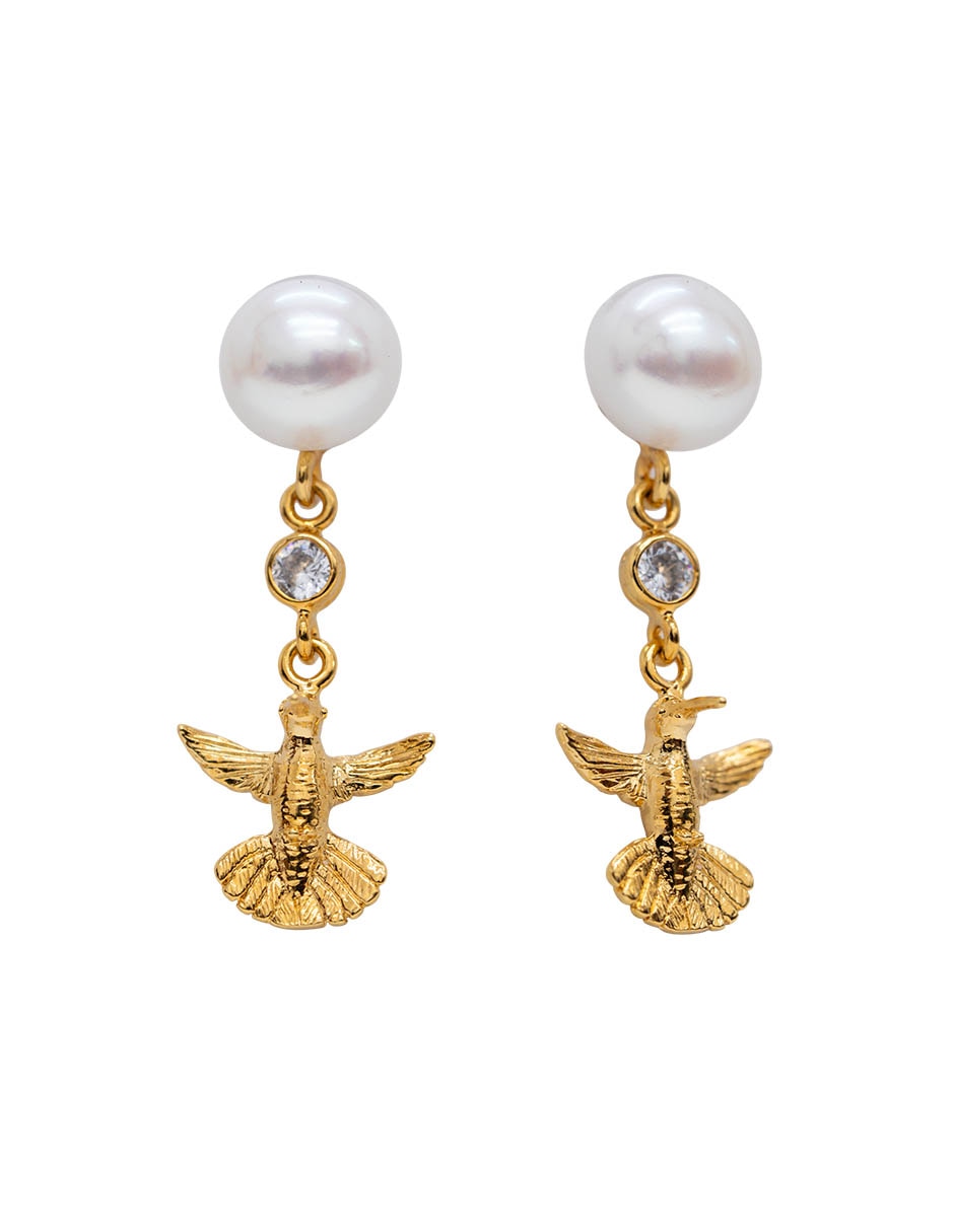 Aretes cortos de colibrí 18 k con acabado chapa de oro perla con zirconia Aretes cortos de colibrí 18 k con acabado chapa de oro perla con zirconia