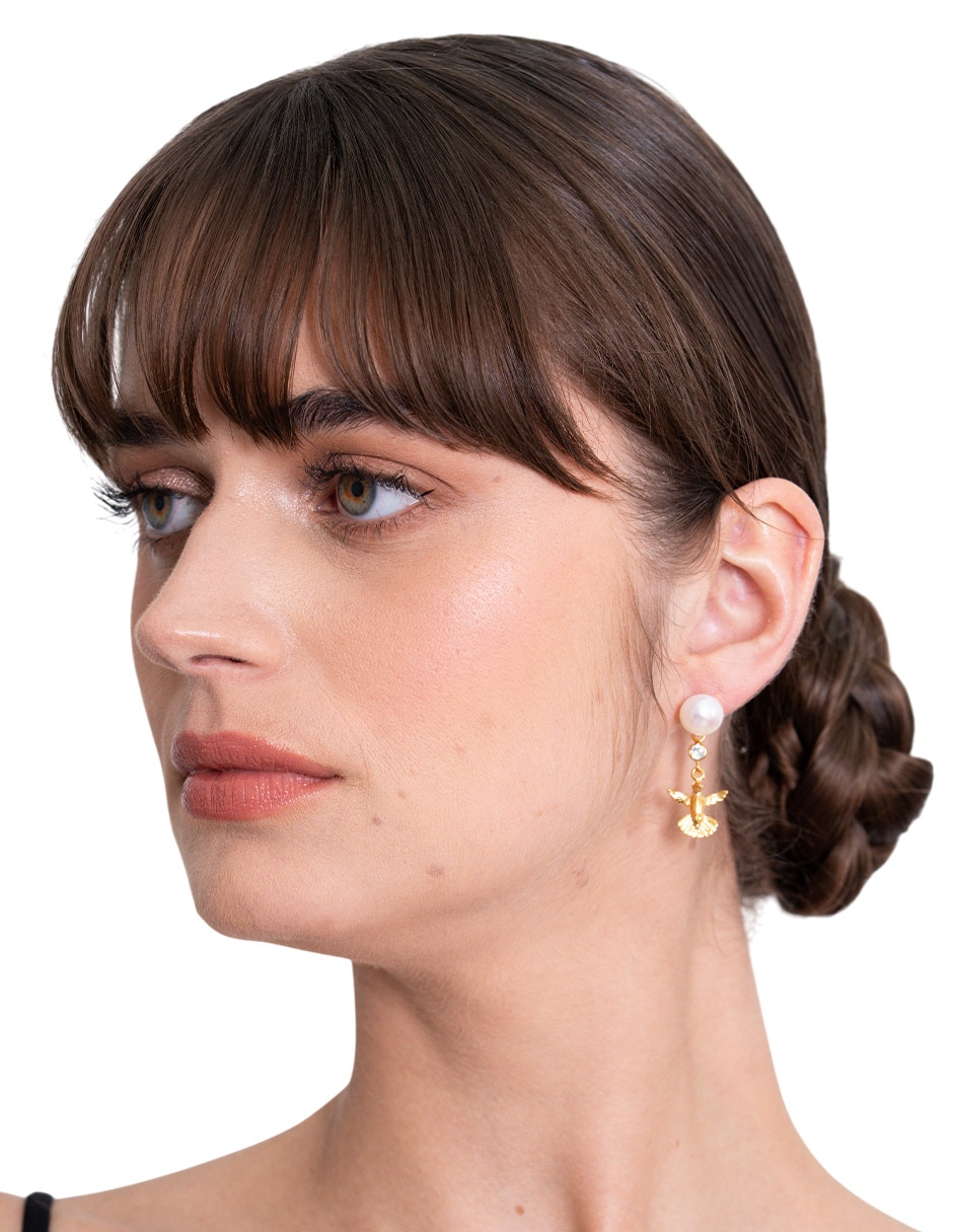 Aretes cortos de colibrí 18 k con acabado chapa de oro perla con zirconia 2