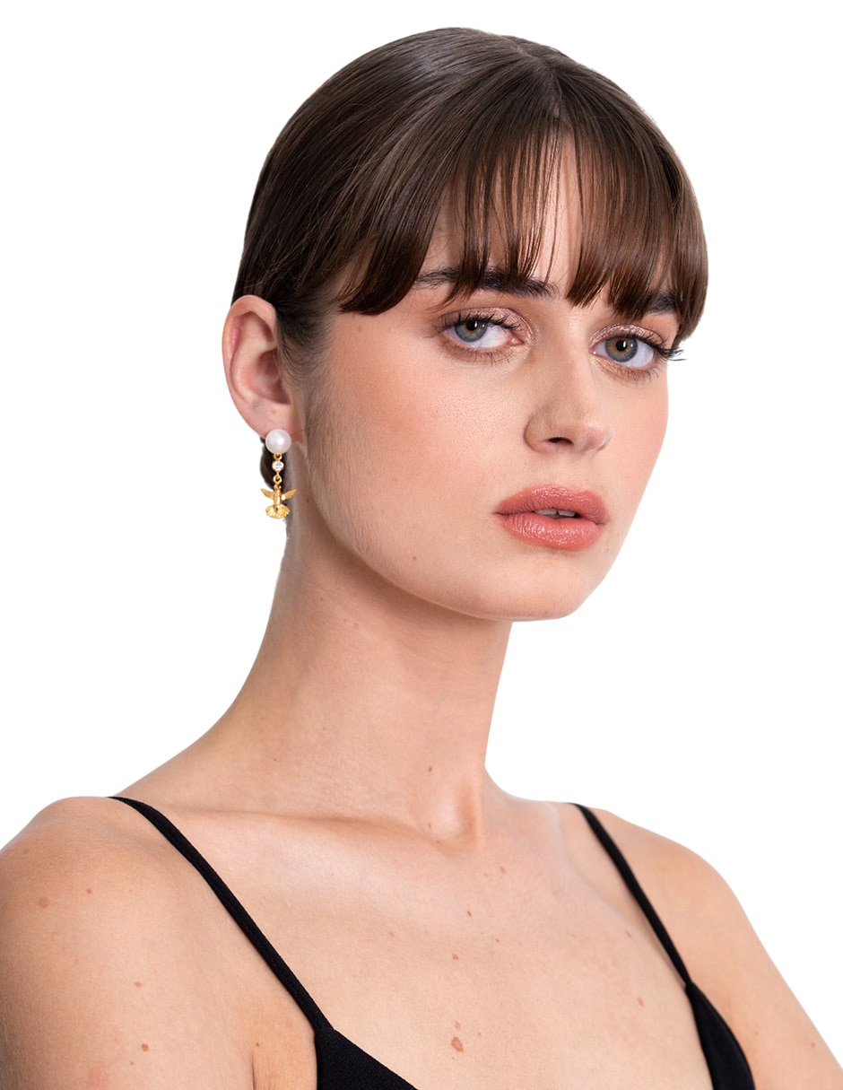 Aretes cortos de colibrí 18 k con acabado chapa de oro perla con zirconia 3