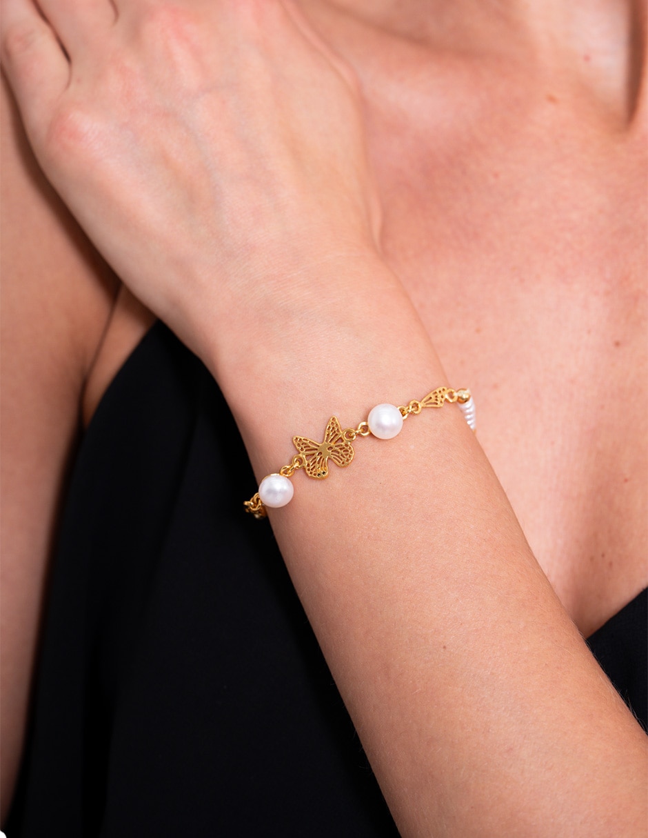 Pulsera de metal con perla 18 K Mariposa con acabado 3