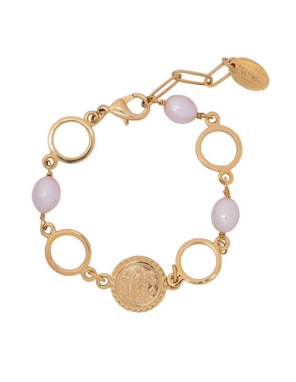 Pulsera de chapa de oro 10 k con perla cultivada Virgen de Guadalupe