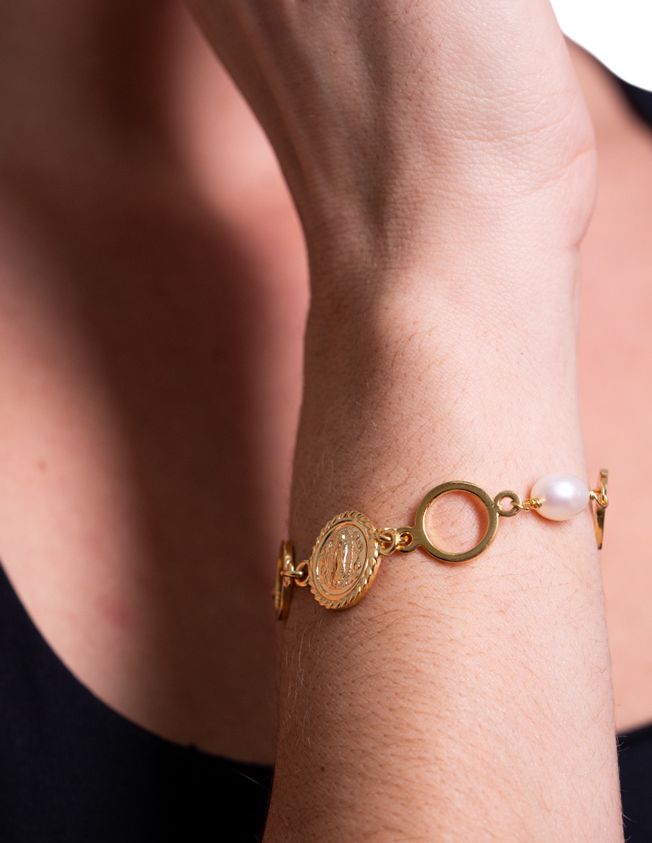 Pulsera de chapa de oro 10 k con perla cultivada Virgen de Guadalupe 3