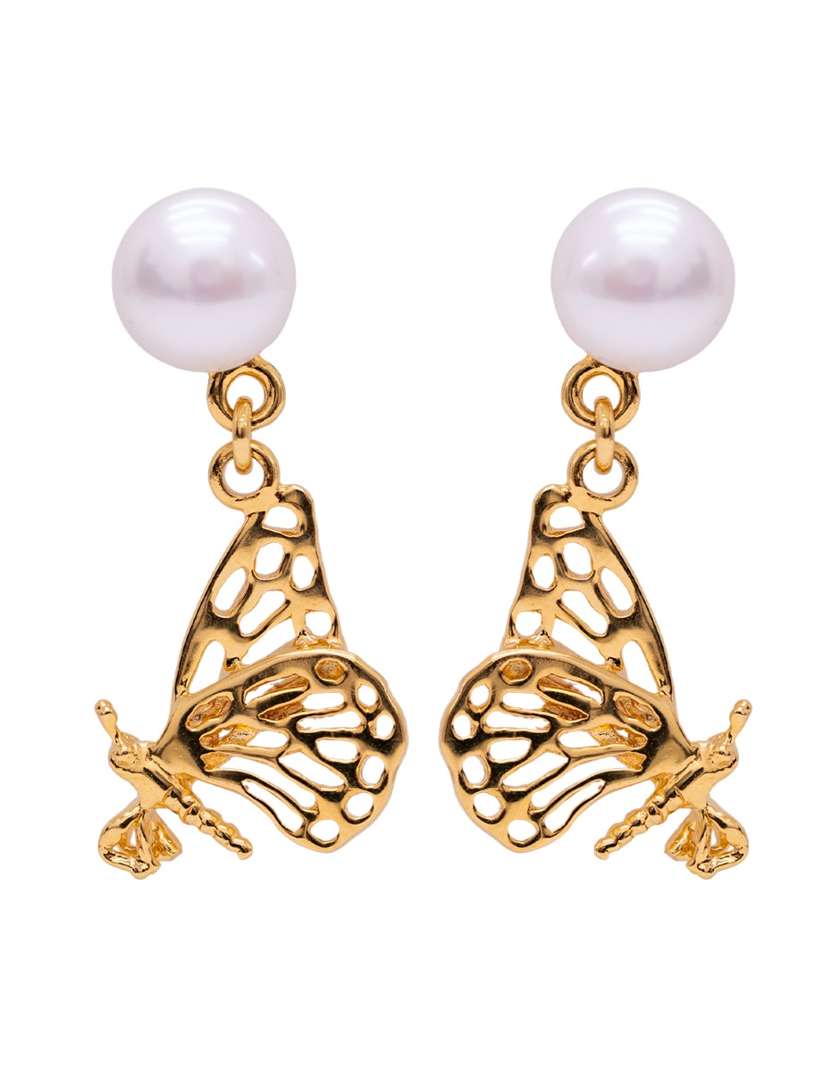 Aretes cortos de mariposa con acabado chapa de oro 18 K perla